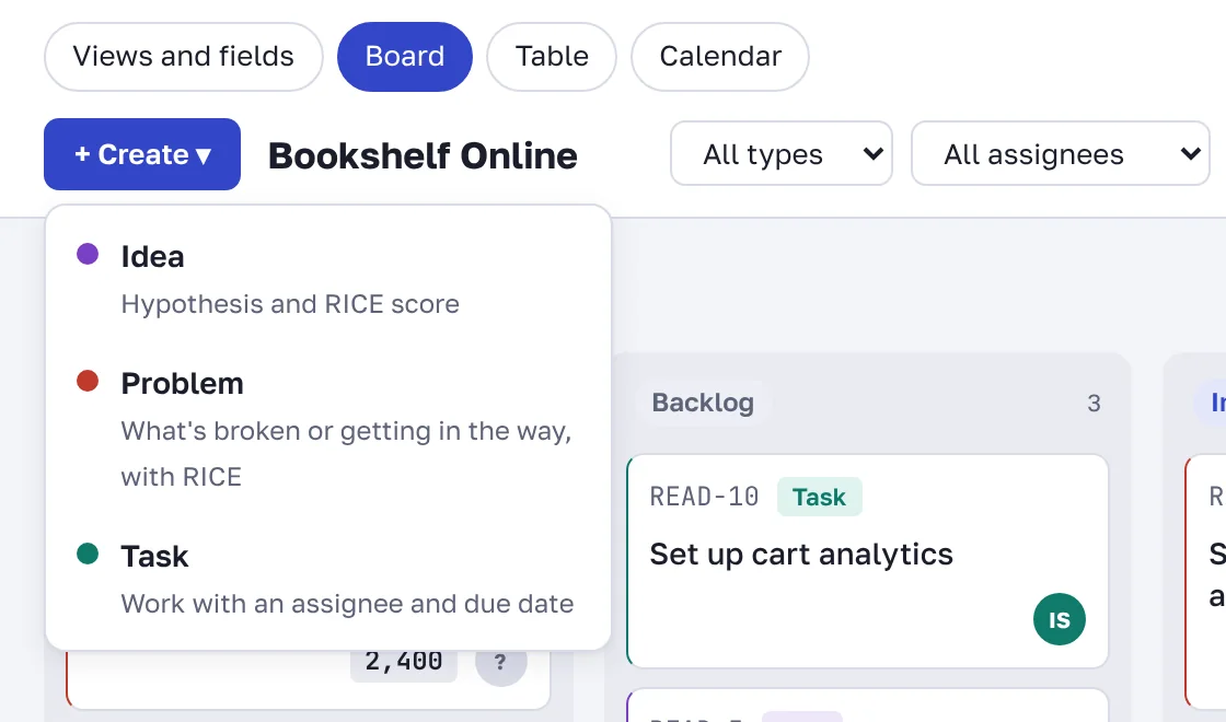 The "+ Create" menu with record types
