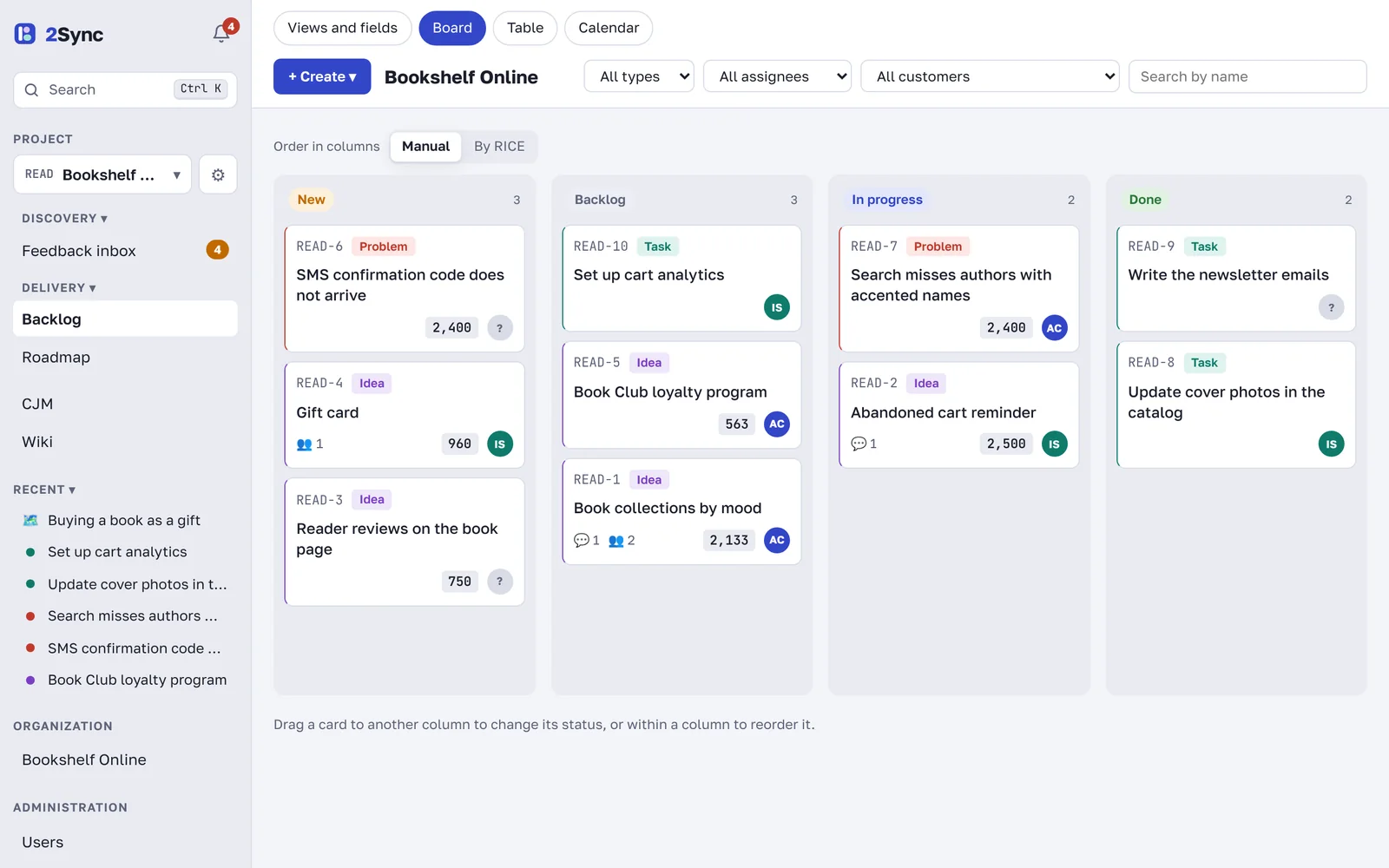 The project board with ideas, problems and tasks