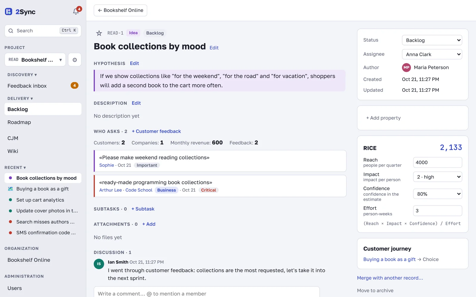 An idea page with the hypothesis and RICE score