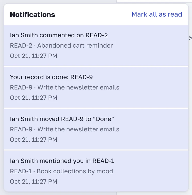 Notification list under the bell
