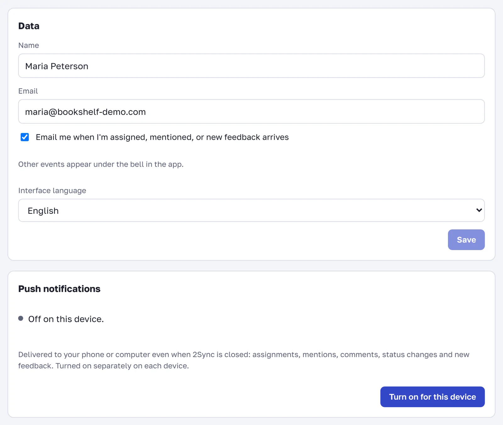 Profile settings: email and push notifications