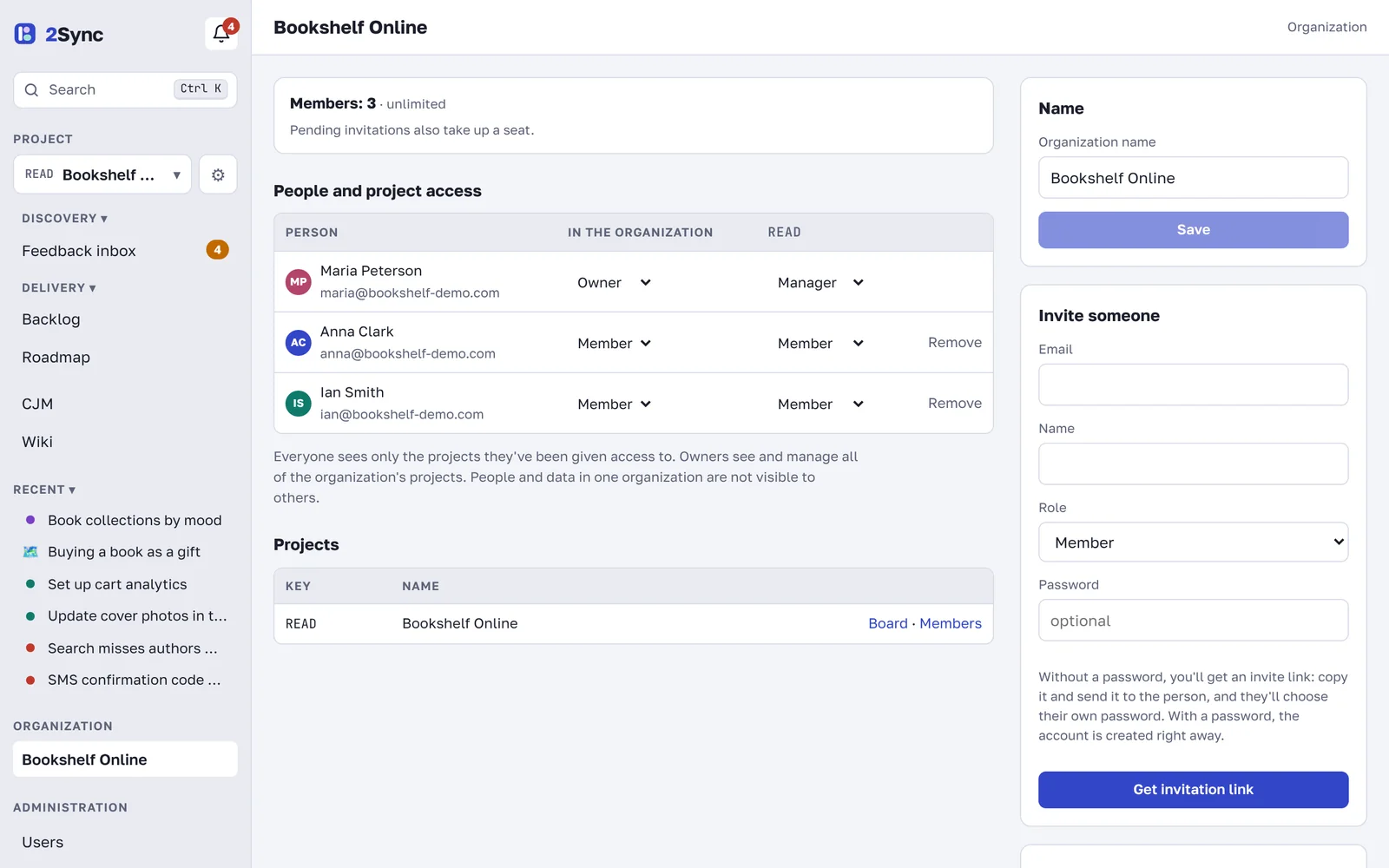 Organization page: people, project access and invitations
