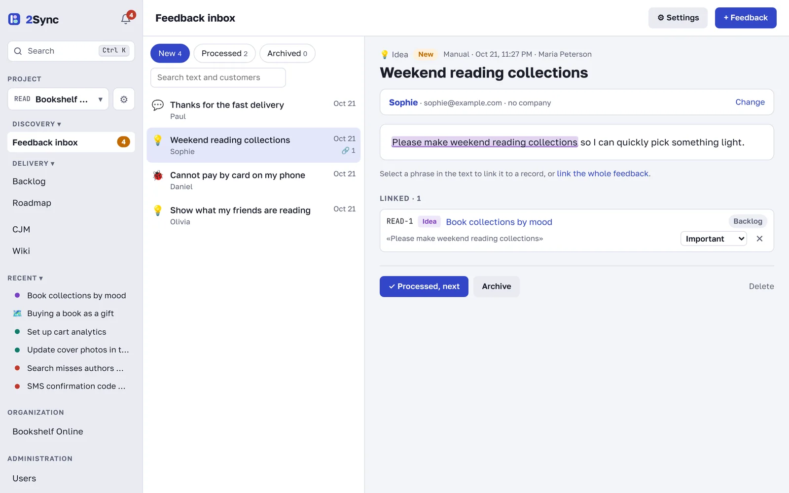 Feedback inbox: the list and an open note
