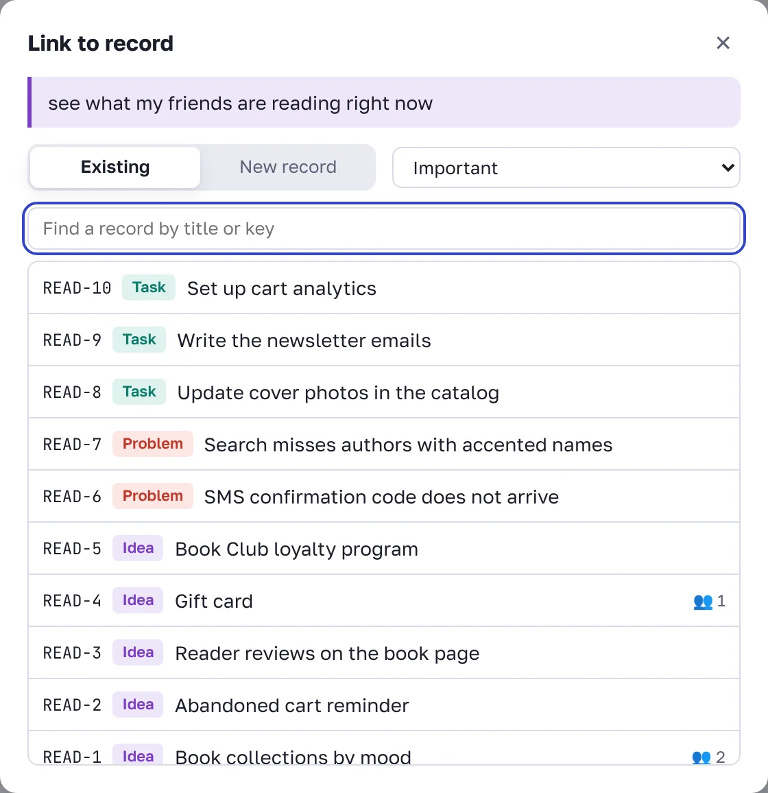 The "Link to record" window: record search and importance