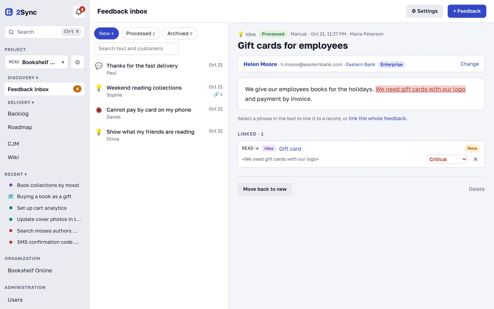 Feedback with a linked quote and a customer from a company