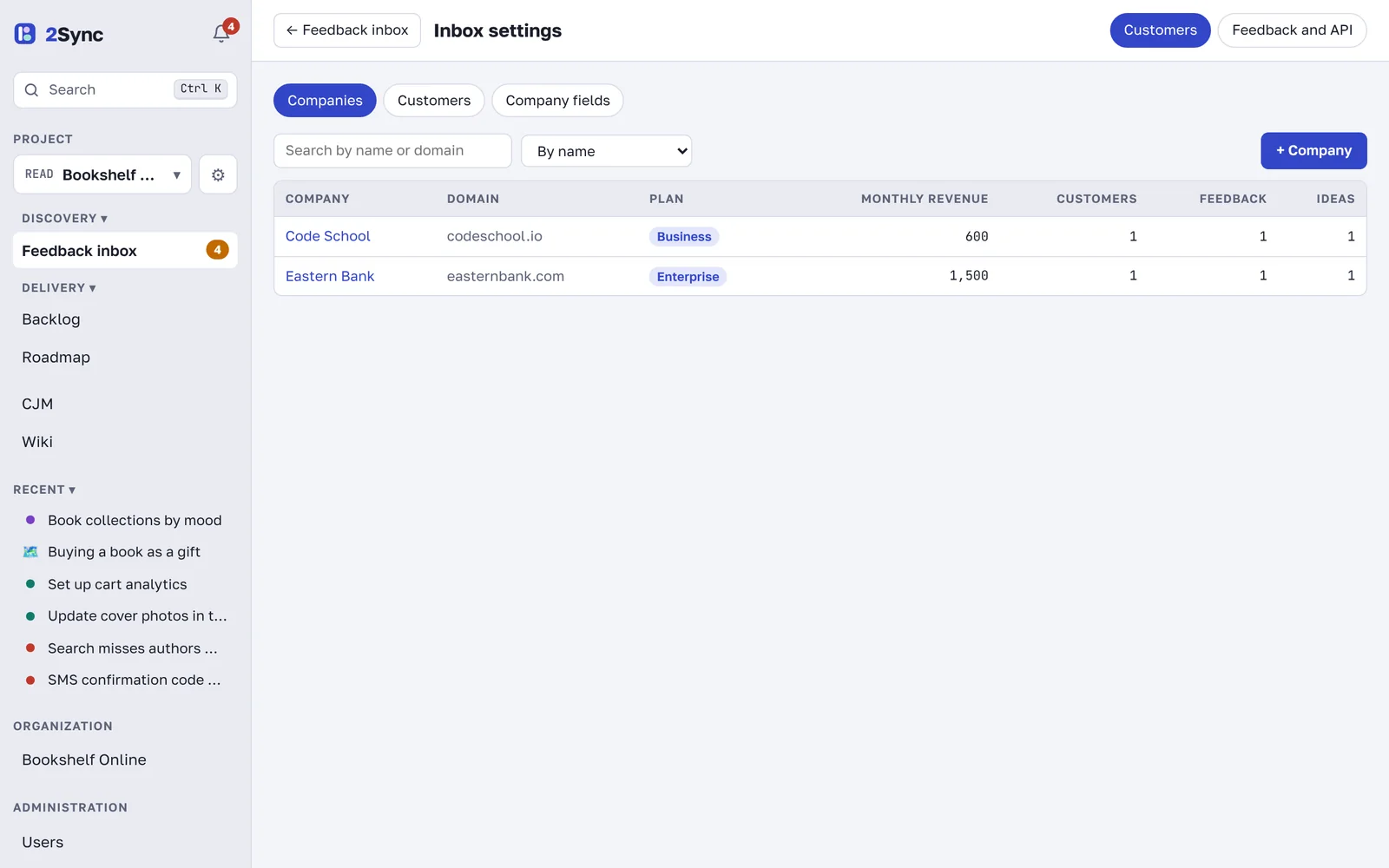 Company list with plans, revenue and feedback counts