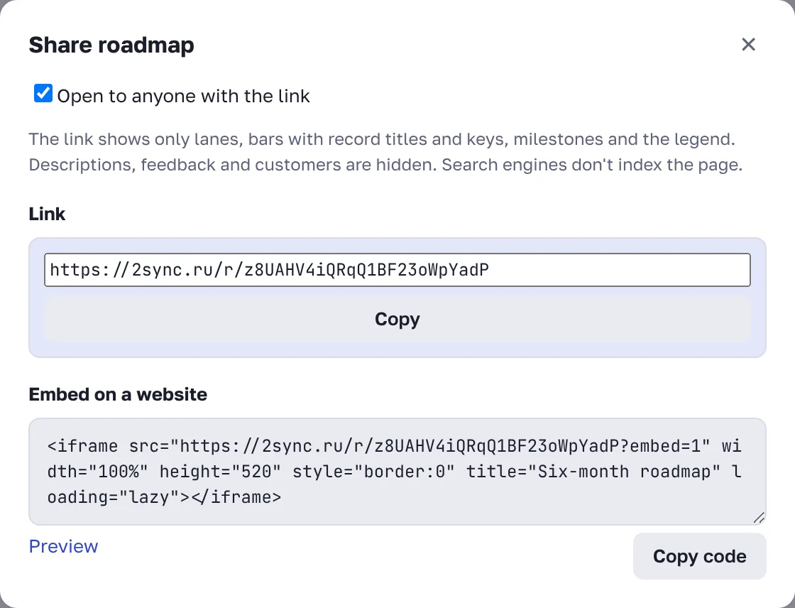 The "Share roadmap" window: link and website code
