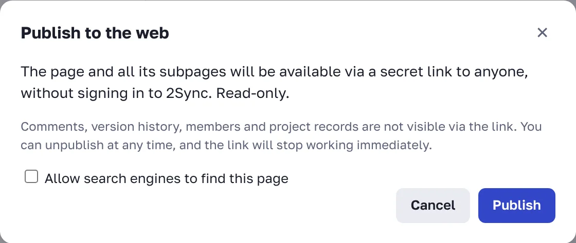 The "Publish to the web" window