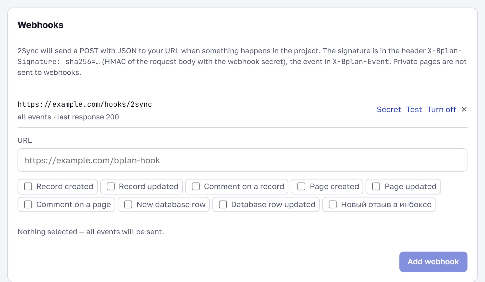 Webhook setup and the list of events