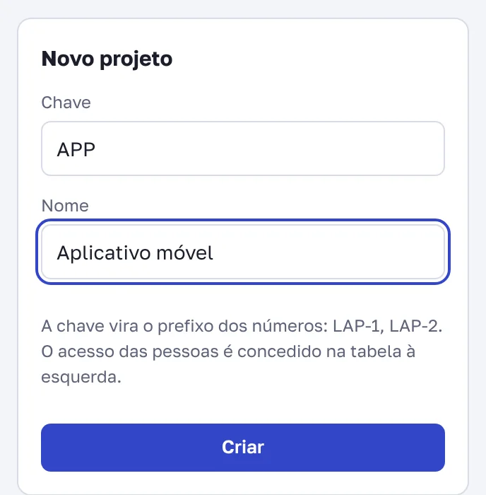 O formulário "Novo projeto" na página da organização