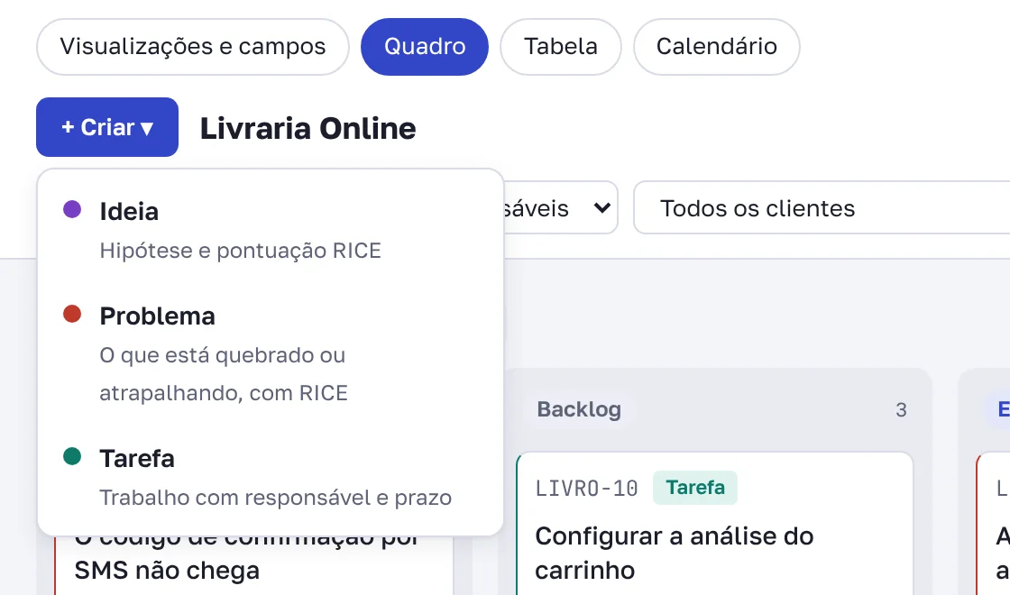 O menu "+ Criar" com os tipos de registro