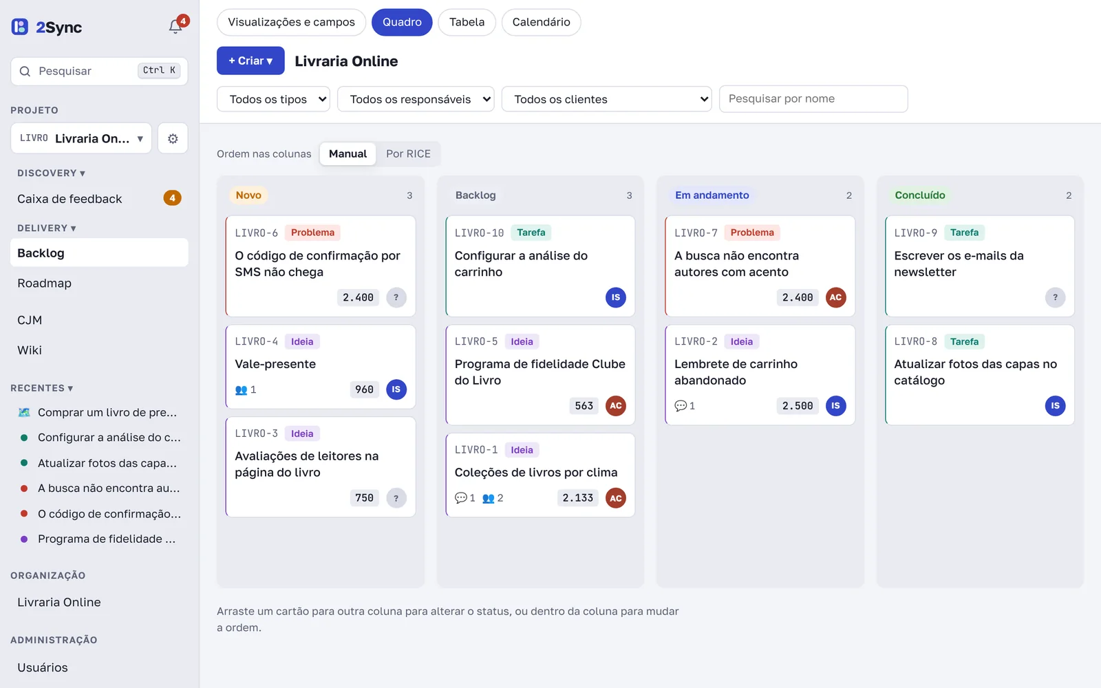 O kanban do projeto com ideias, problemas e tarefas