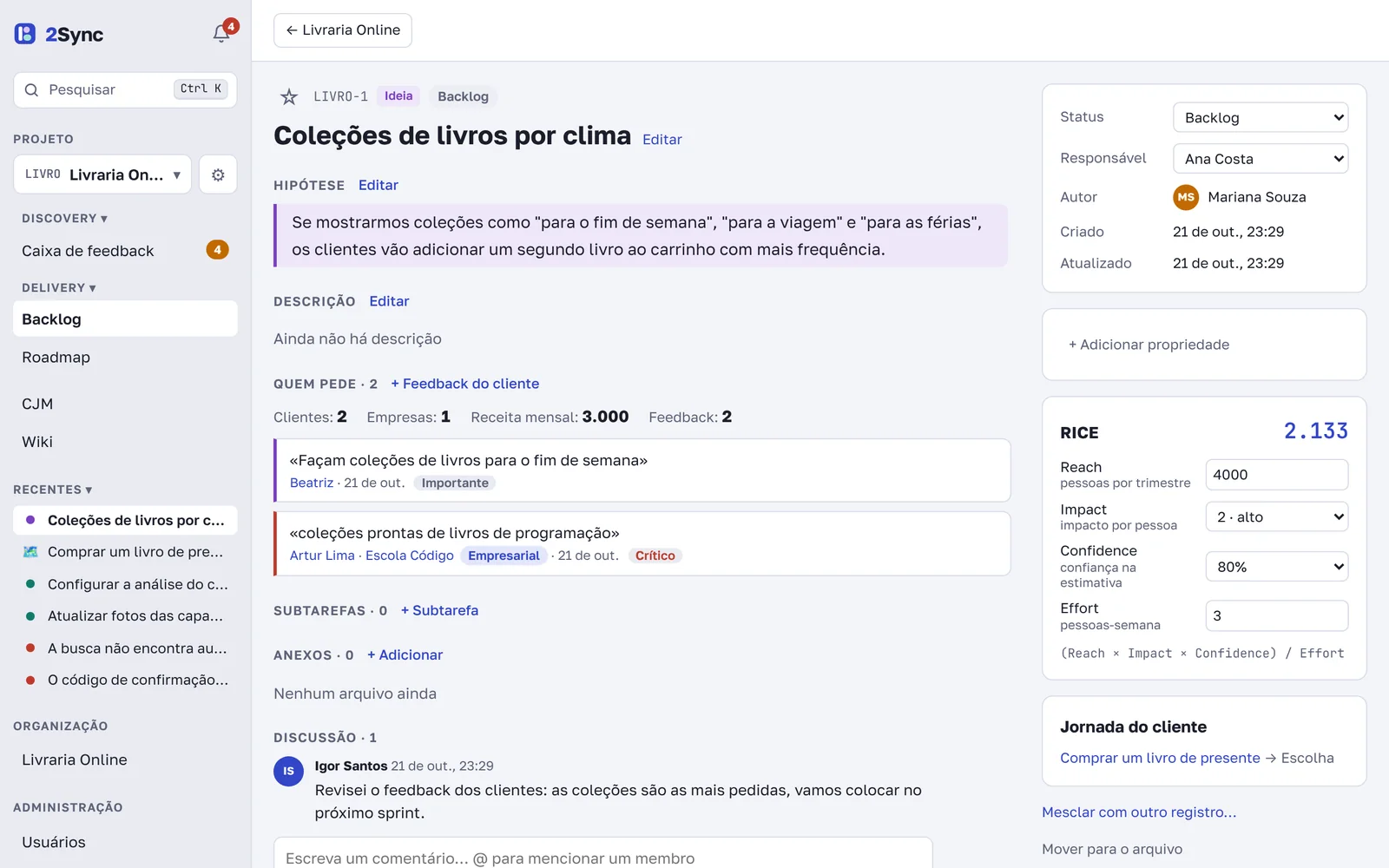 A página de uma ideia com hipótese e nota RICE