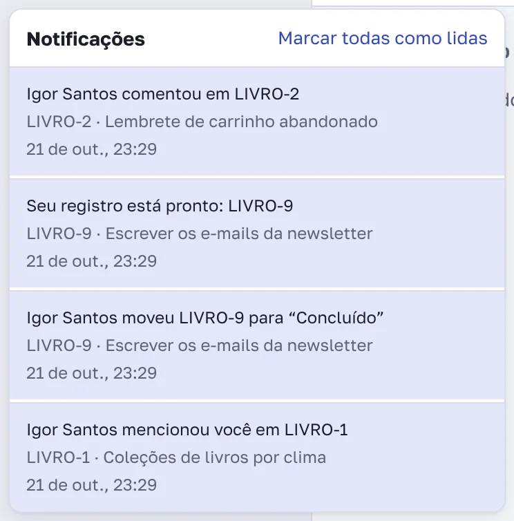 Lista de notificações no sino