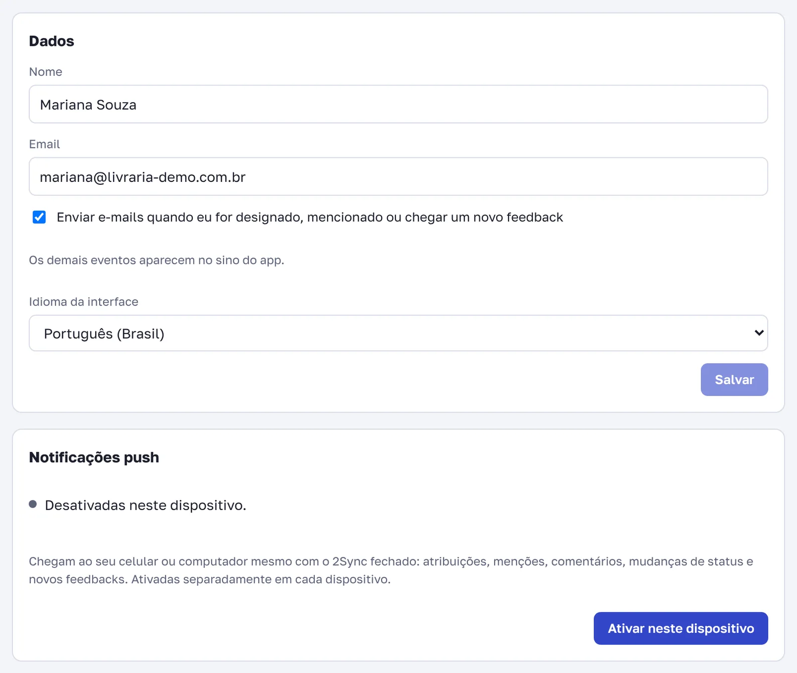 Configurações do perfil: e-mails e notificações push