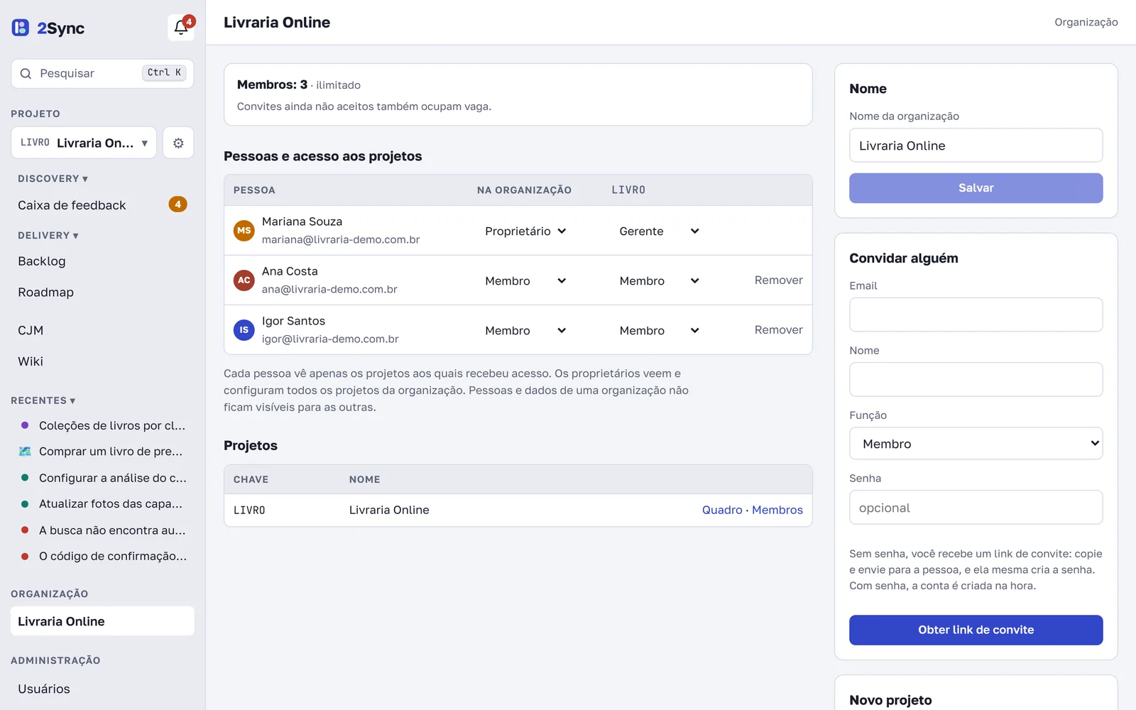 Página da organização: pessoas, acesso aos projetos e convites