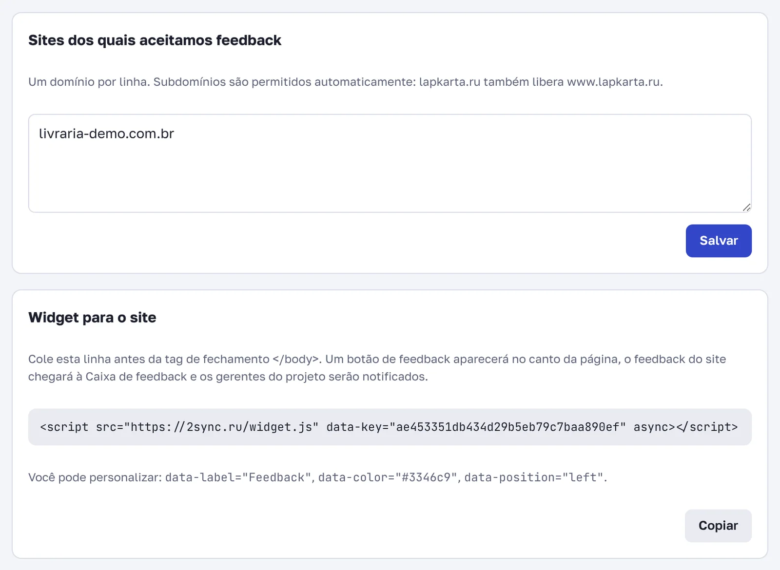 Configurações do widget: domínios do site e a linha de código