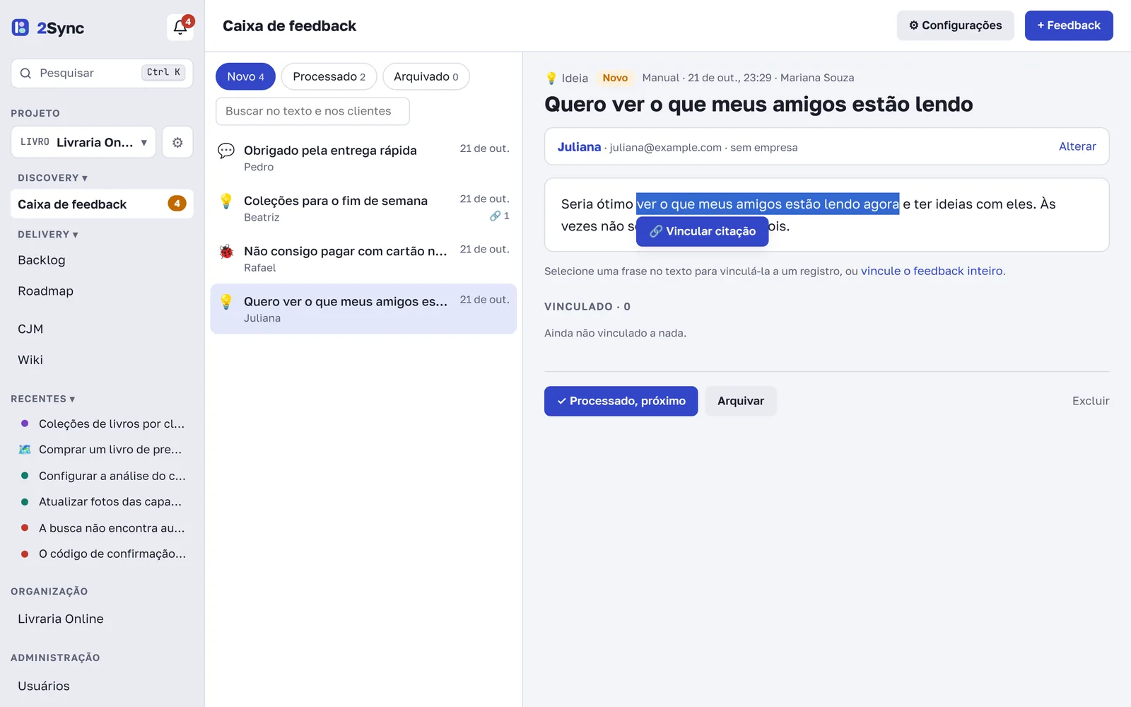 Frase selecionada e o botão "Vincular citação"