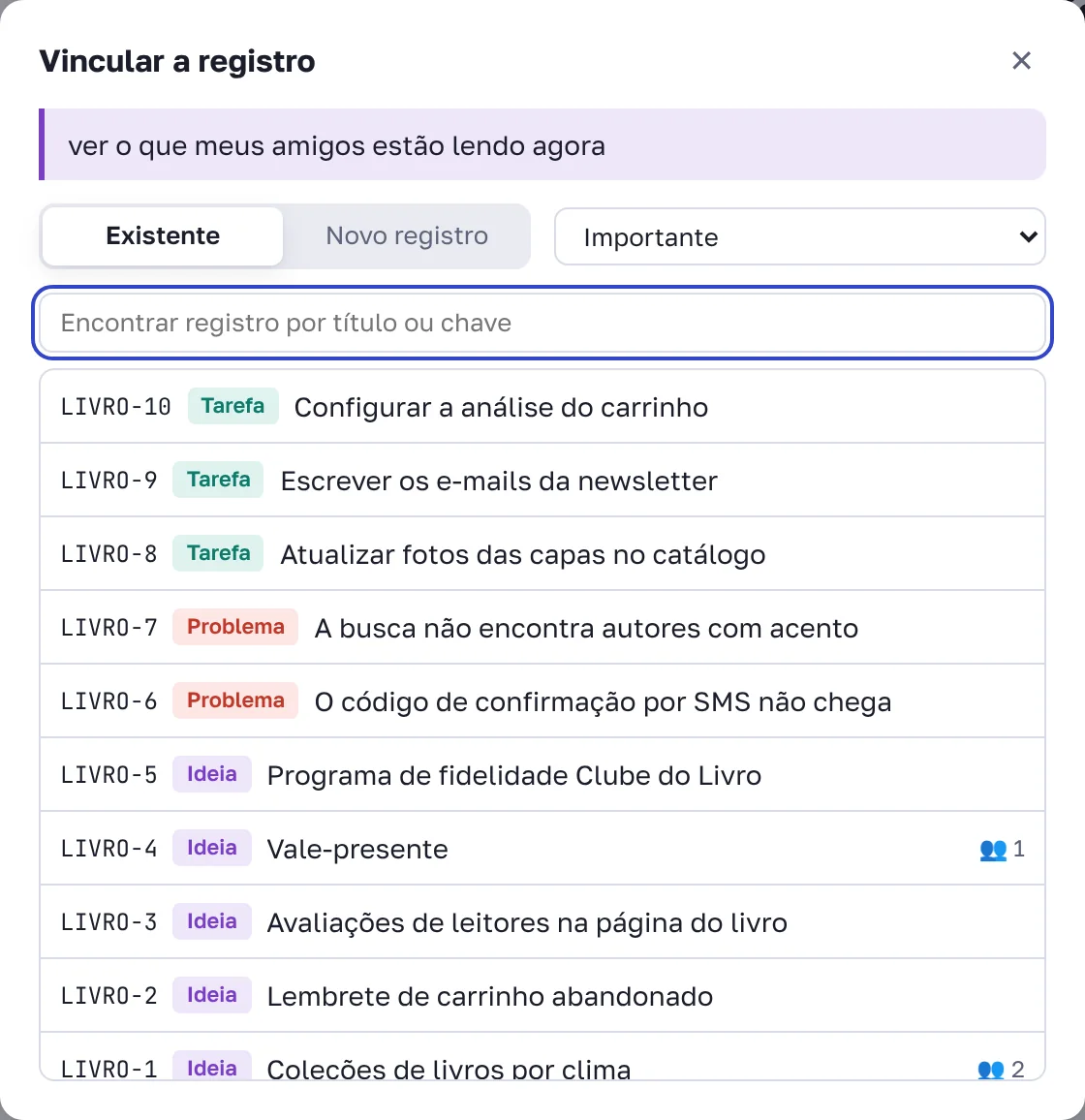 Janela "Vincular a registro": busca do registro e importância