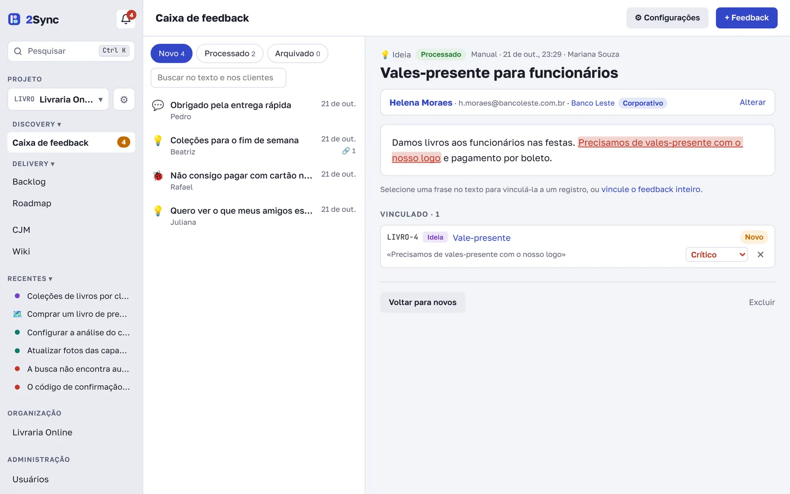 Feedback com citação vinculada e cliente de uma empresa
