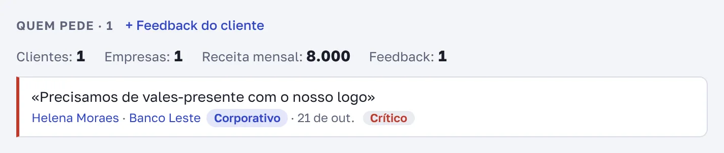 Bloco "Quem pede" na página de uma ideia