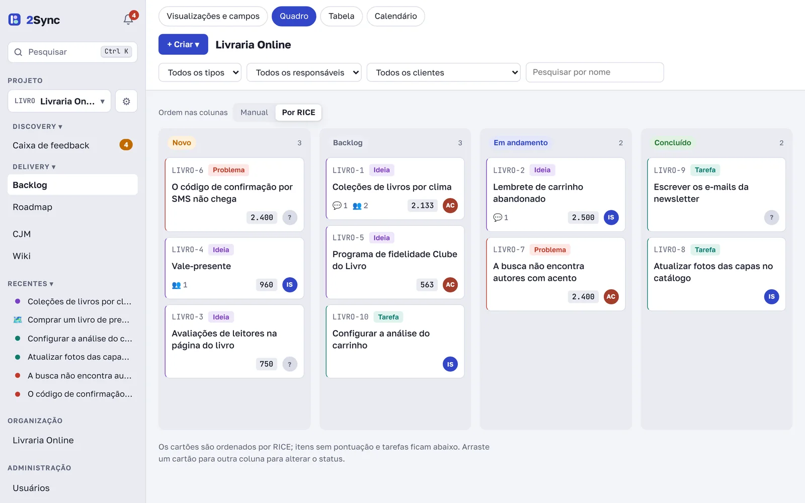 O kanban no modo "Por RICE"