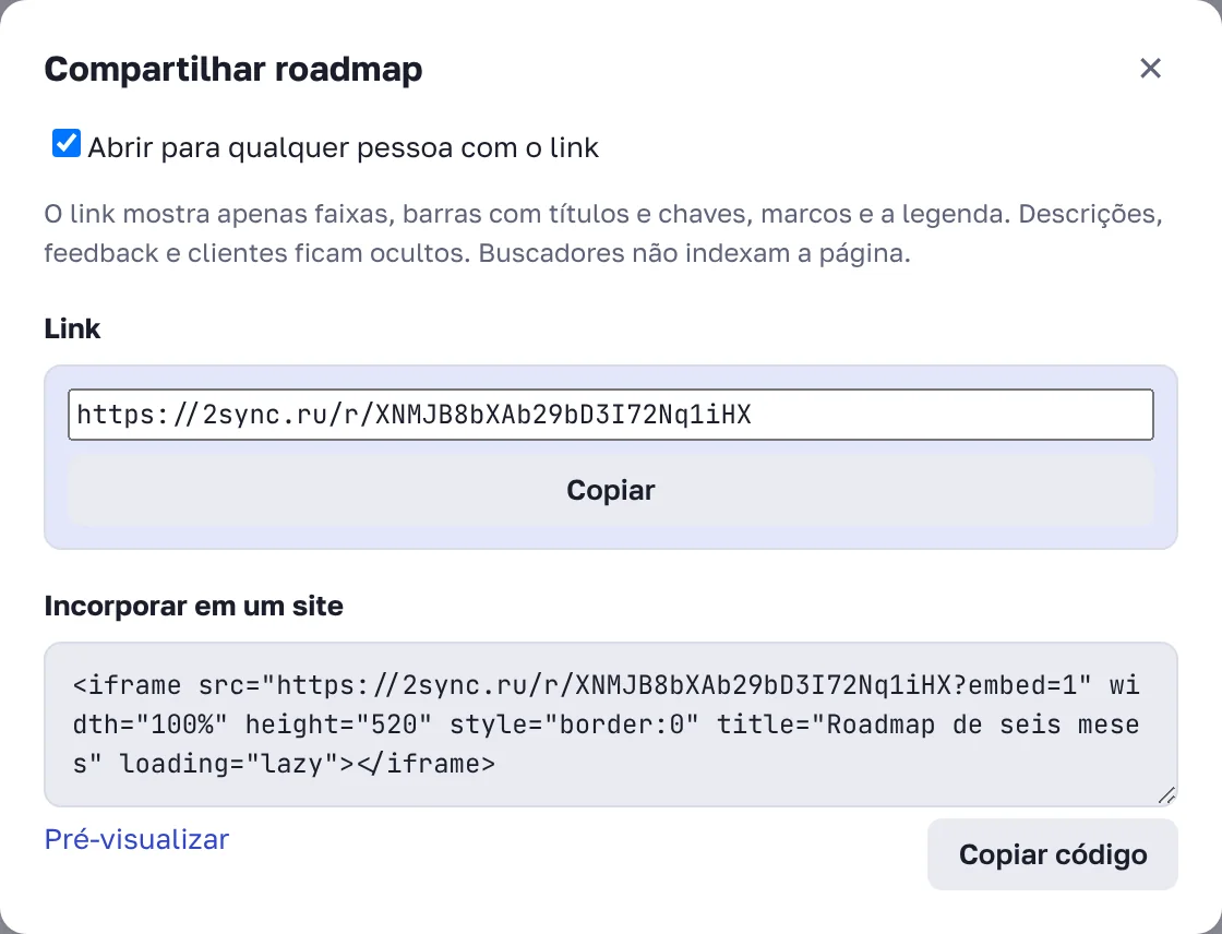 Janela "Compartilhar roadmap": link e código para o site