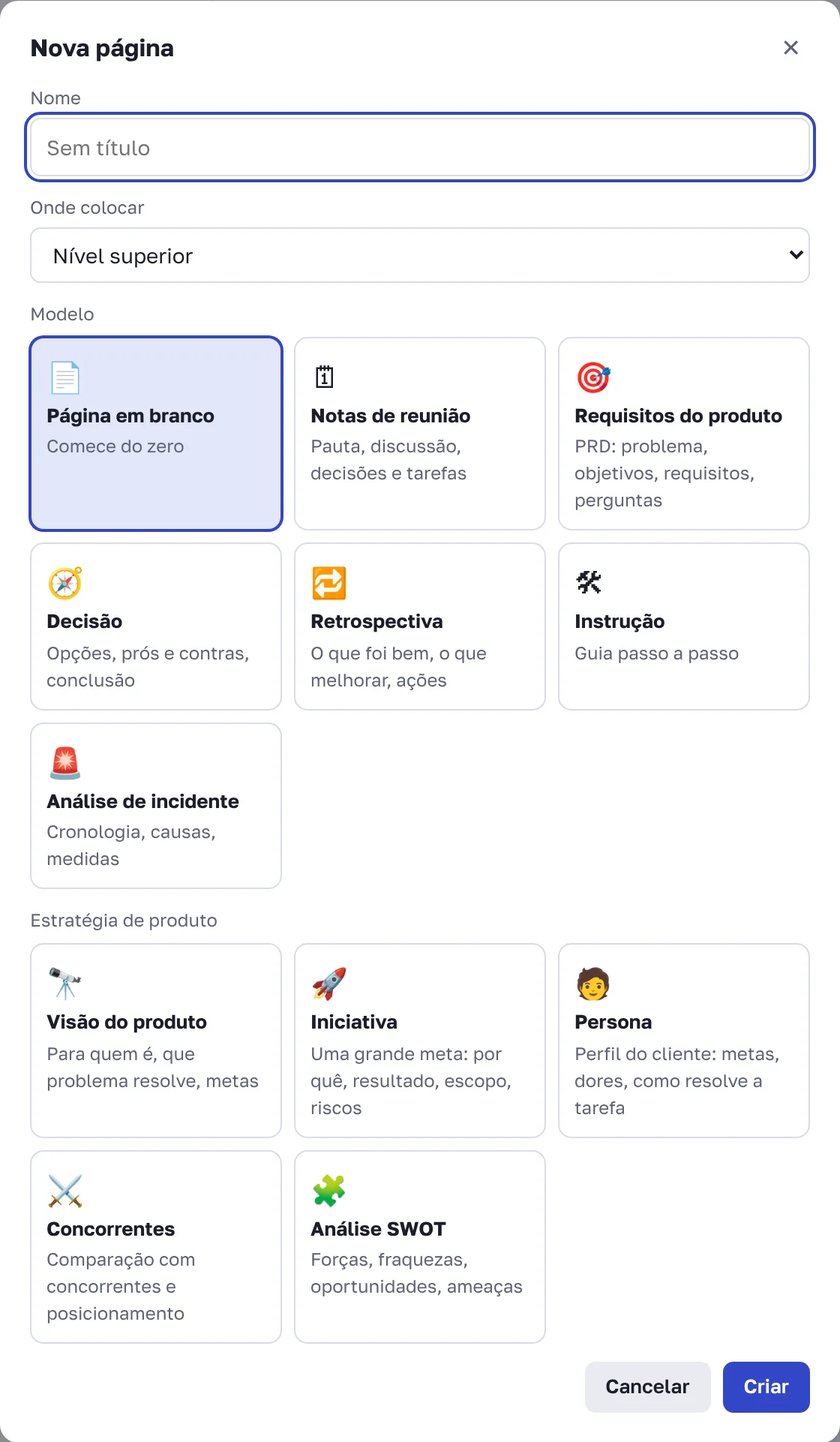 Nova página: escolha do modelo