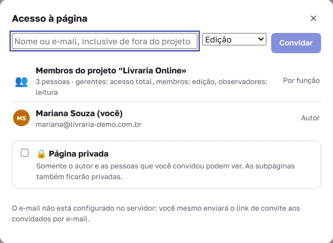 Configurações de acesso da página