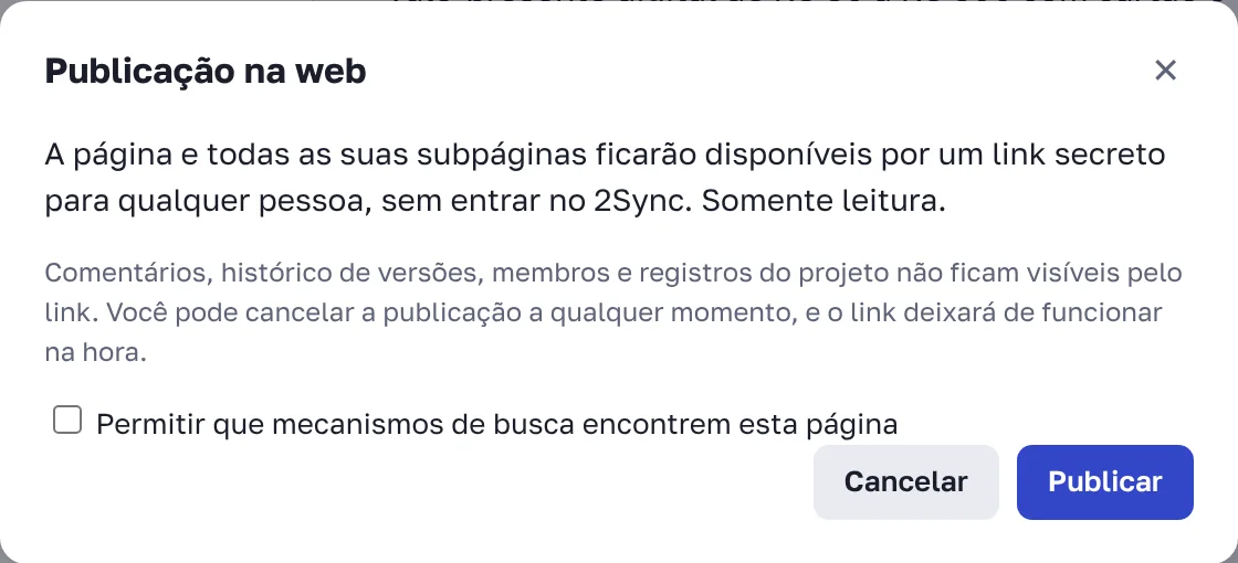 Janela "Publicação na web"
