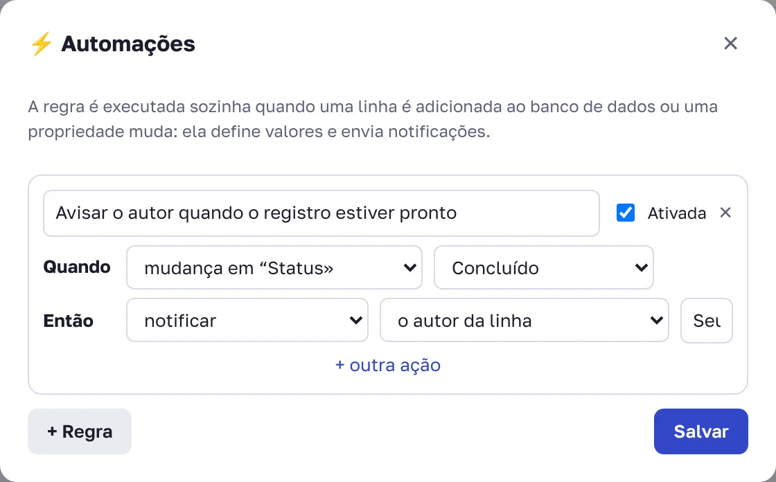 Regra: quando o status muda para "Concluído", avisar o autor
