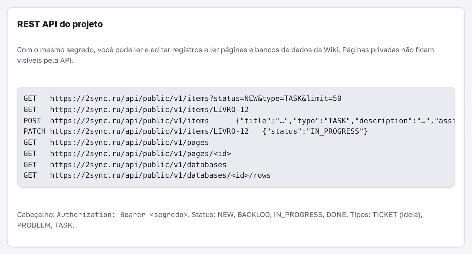 Bloco "REST API do projeto" com exemplos de requisições