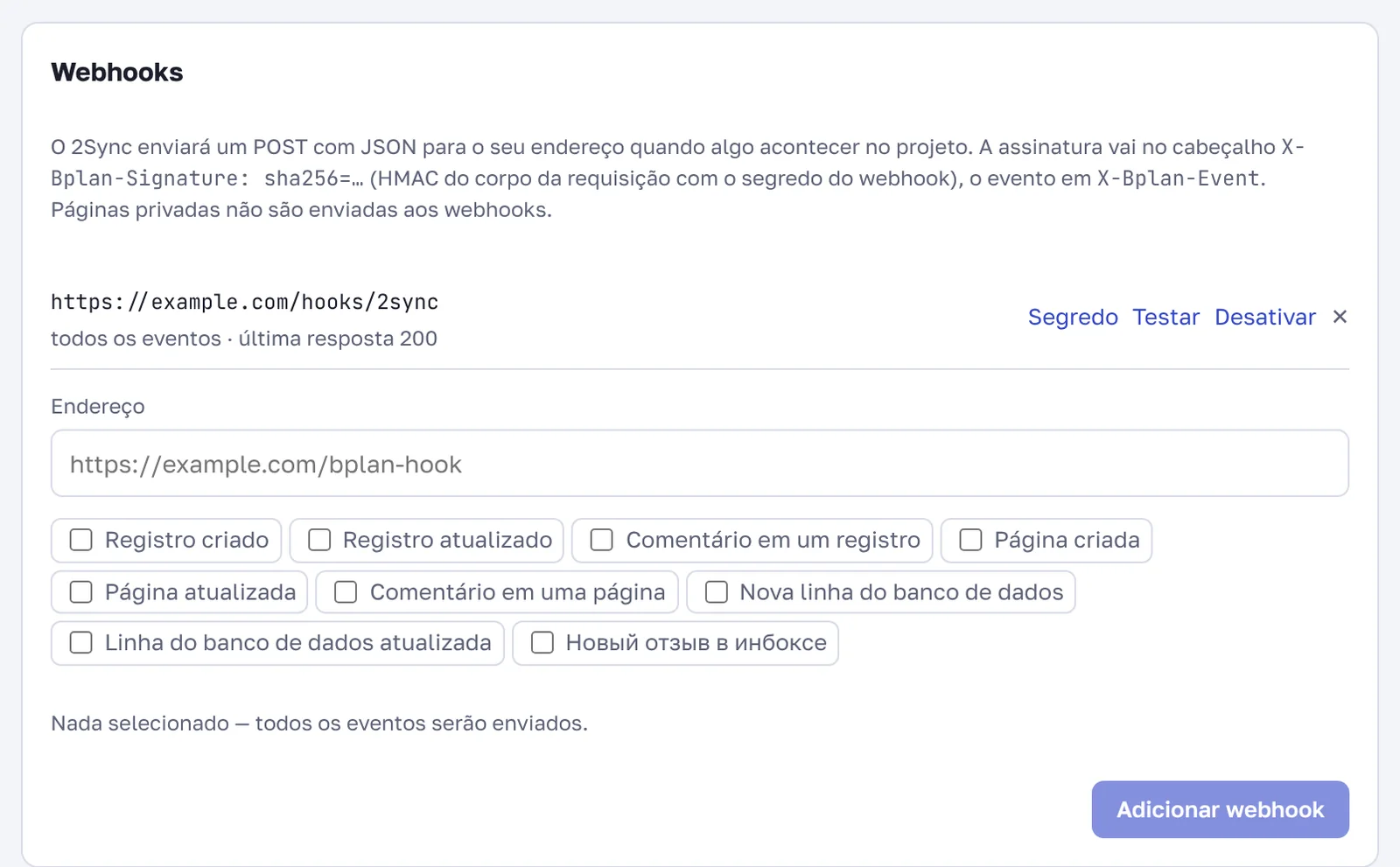 Configuração do webhook e lista de eventos